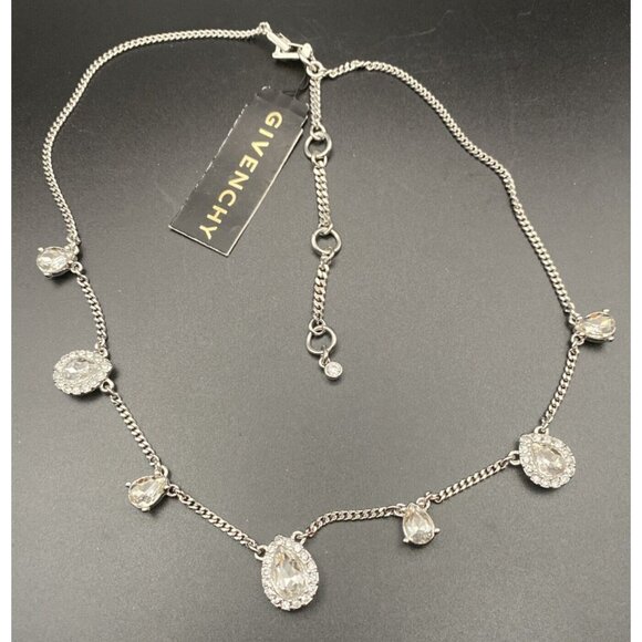Signed Givenchy Necklace Rhinestone Pear Shape Crystal Silver Tone 15" + 3" NWT - Picture 2 of 9